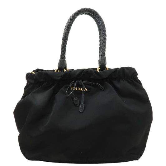 PRADA-Logo-Nylon-Leather-Tote-Bag-Hand-Bag-Black-Gold-HDW