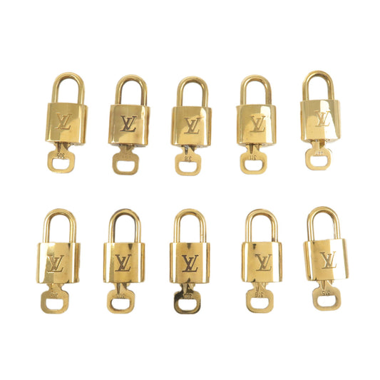 Louis-Vuitton-Set-of-10-Lock-&-Key-Cadena-Key-Lock-Gold