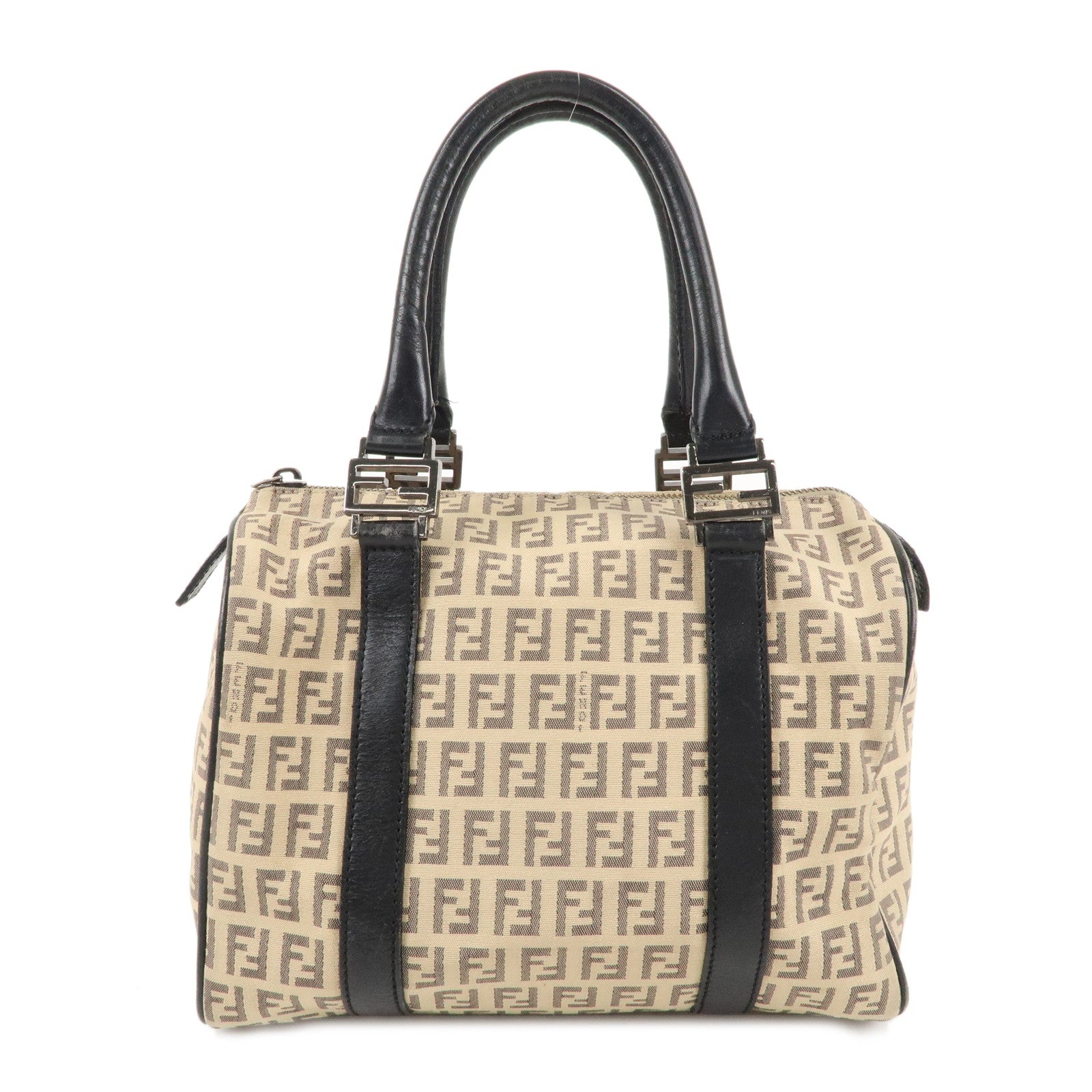 FENDI-Zucchino-Canvas-Leather-Mini-Boston-Bag-Beige-Black