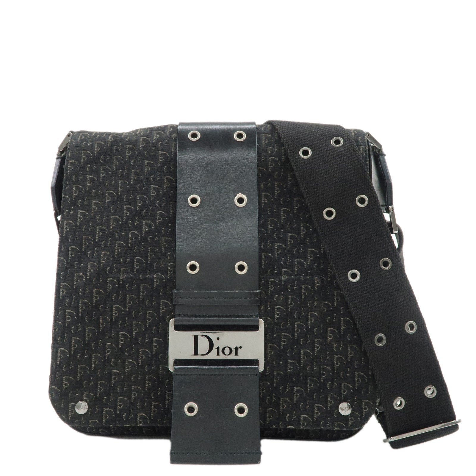 Christian-Dior-Trotter-Canvas-Leather-Shoulder-Bag-Black