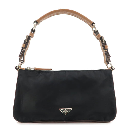 PRADA-Nylon-Leather-Shoulder-Bag-Black-Brown-BR2206