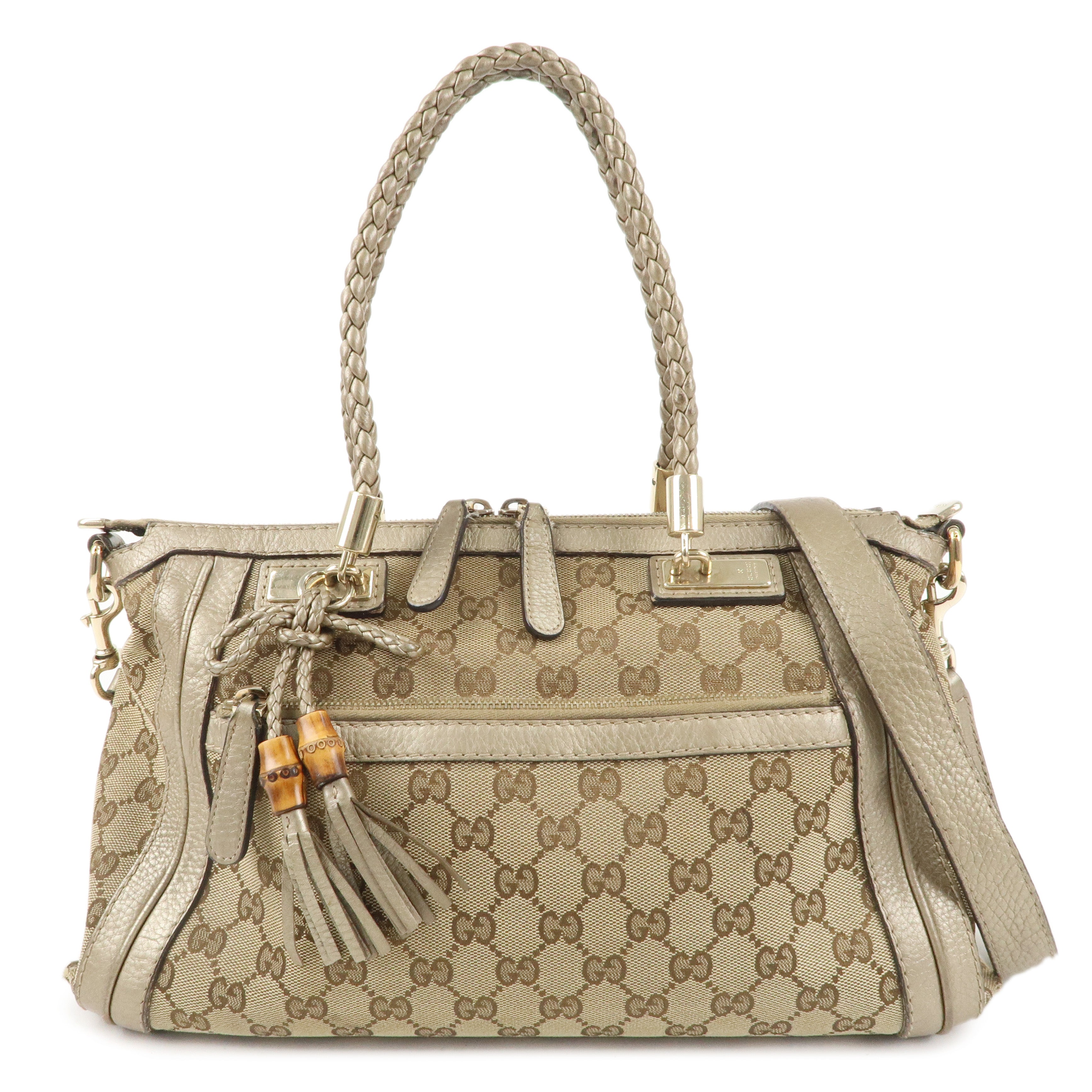 GUCCI GG Canvas Leather 2Way Shoulder Bag Beige Gold 282300