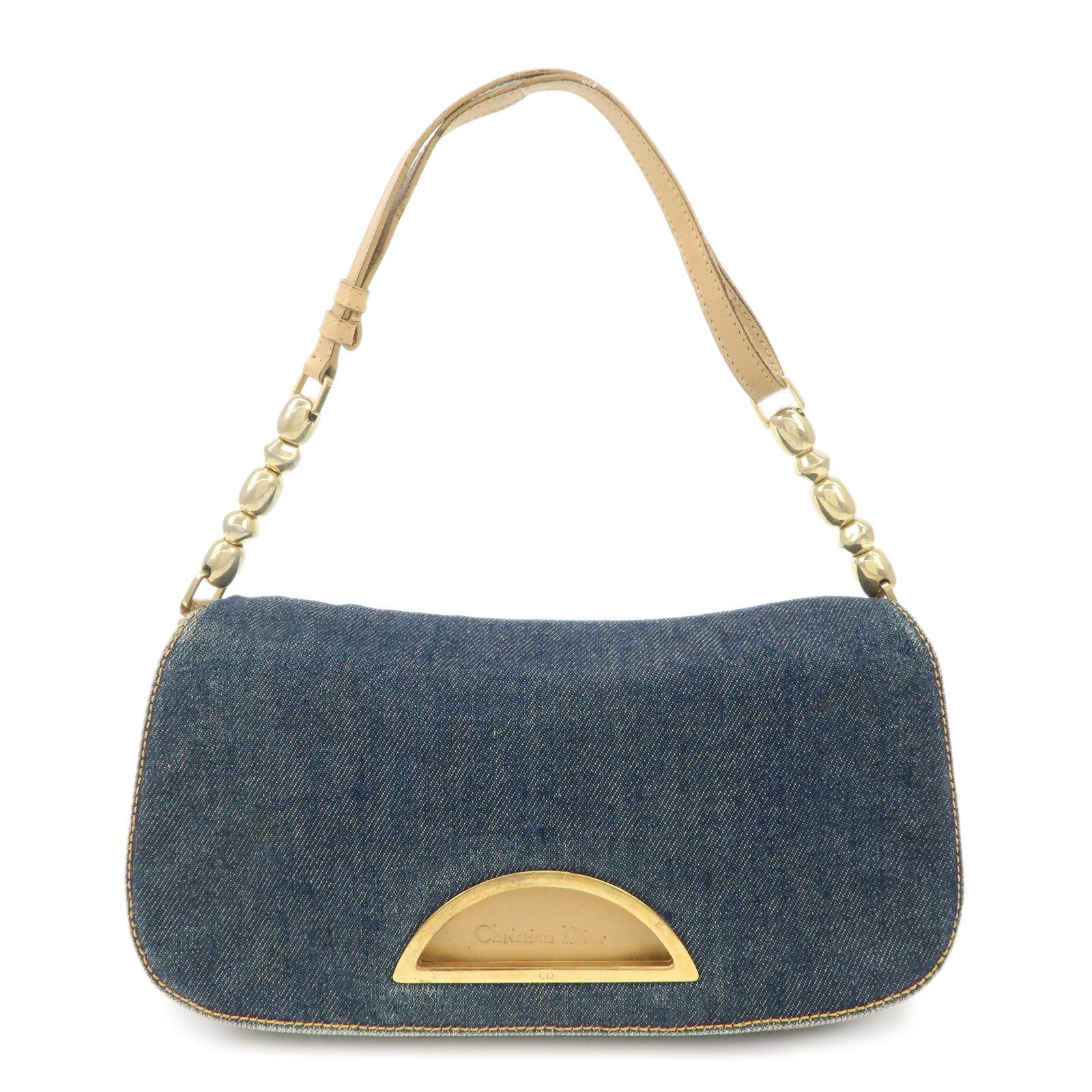 Christian-Dior-Maris-Pearl-Denim-Leather-Shoulder-Bag-Navy