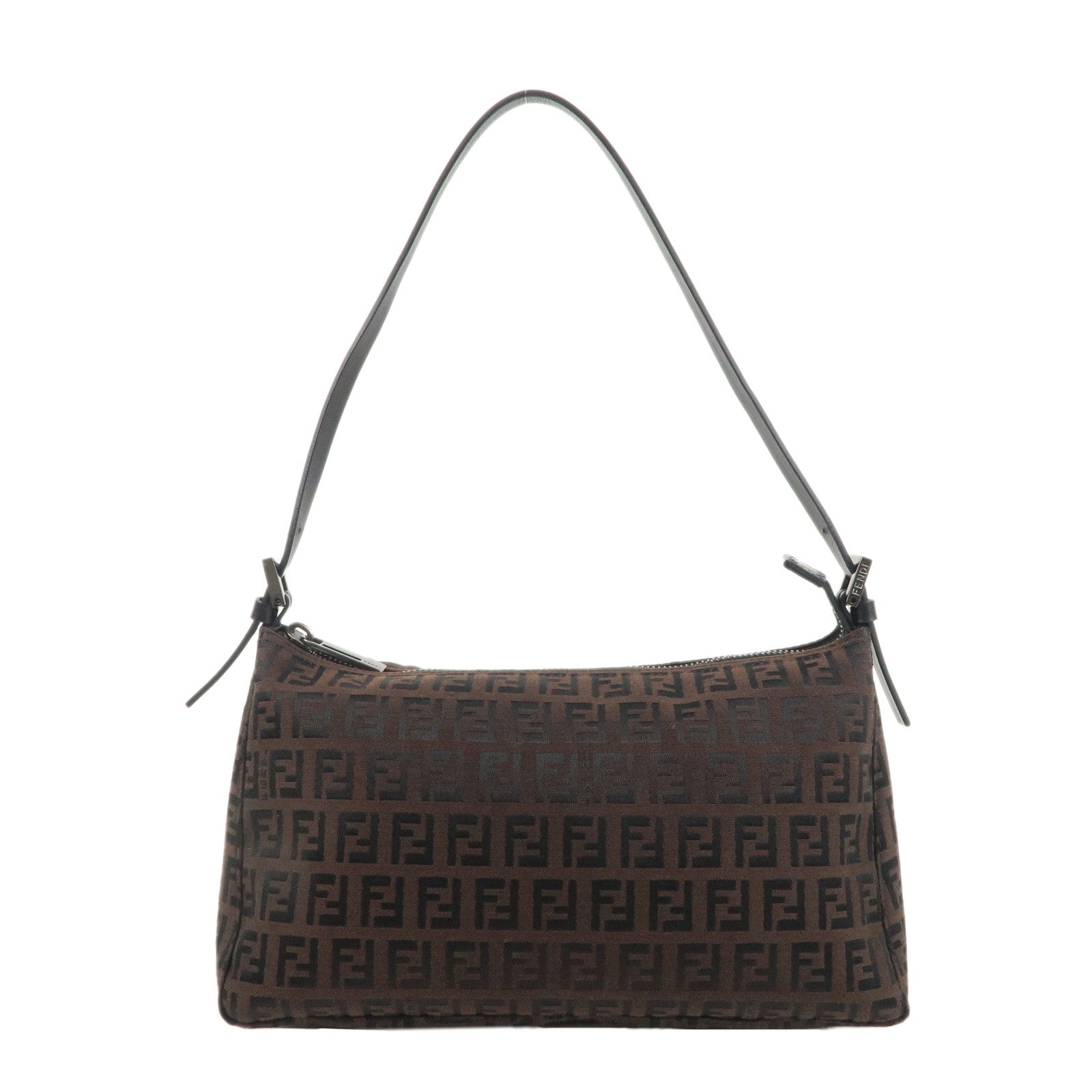 FENDI-Zucchino-Canvas-Leather-Shoulder-Bag-Brown-Black-8BR156