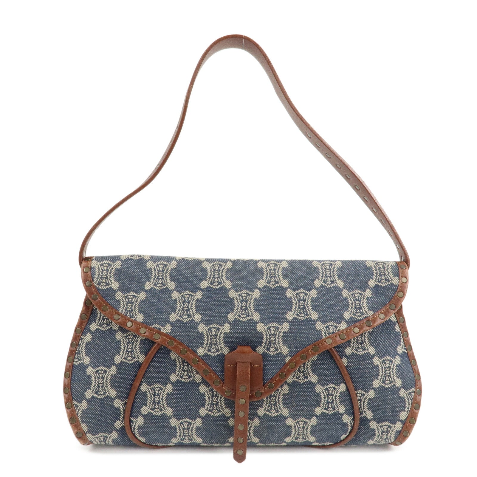 CELINE-Macadam-Denim-Leather-Shoulder-Bag-Blue-Brown