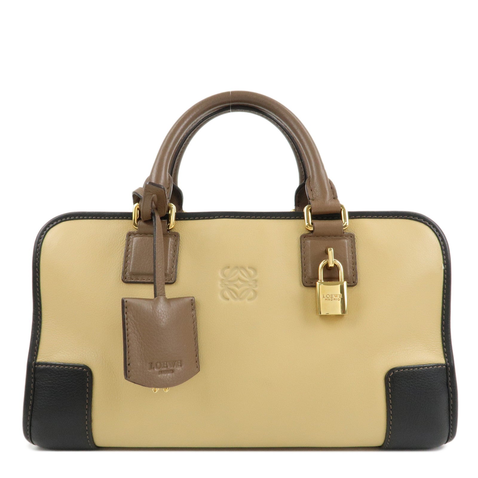 LOEWE-Anagram-Leather-Amasona-28-Hand-Bag-Beige-Black-Brown