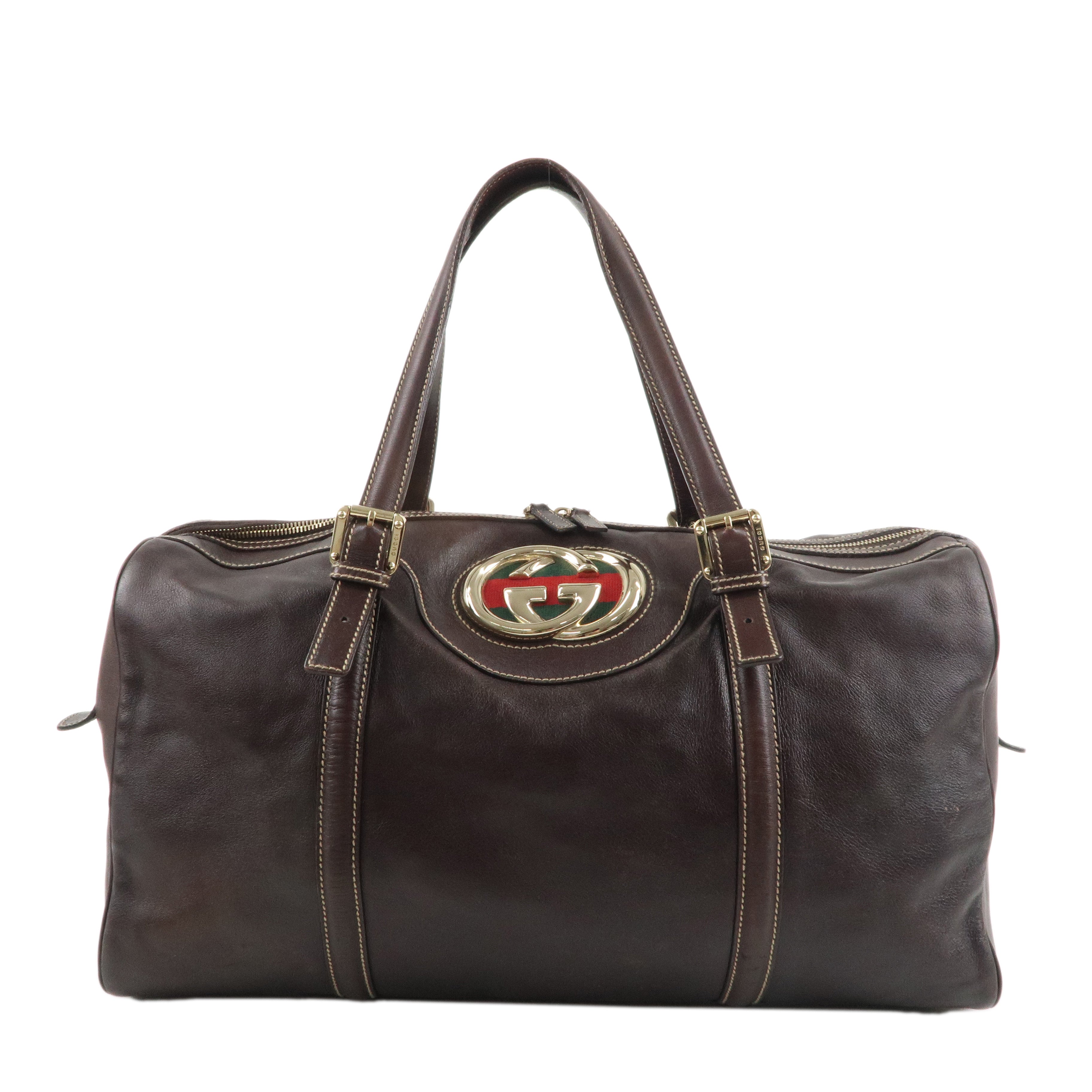 GUCCI Sherry Interlocking G Leather Boston Bag Brown 175401