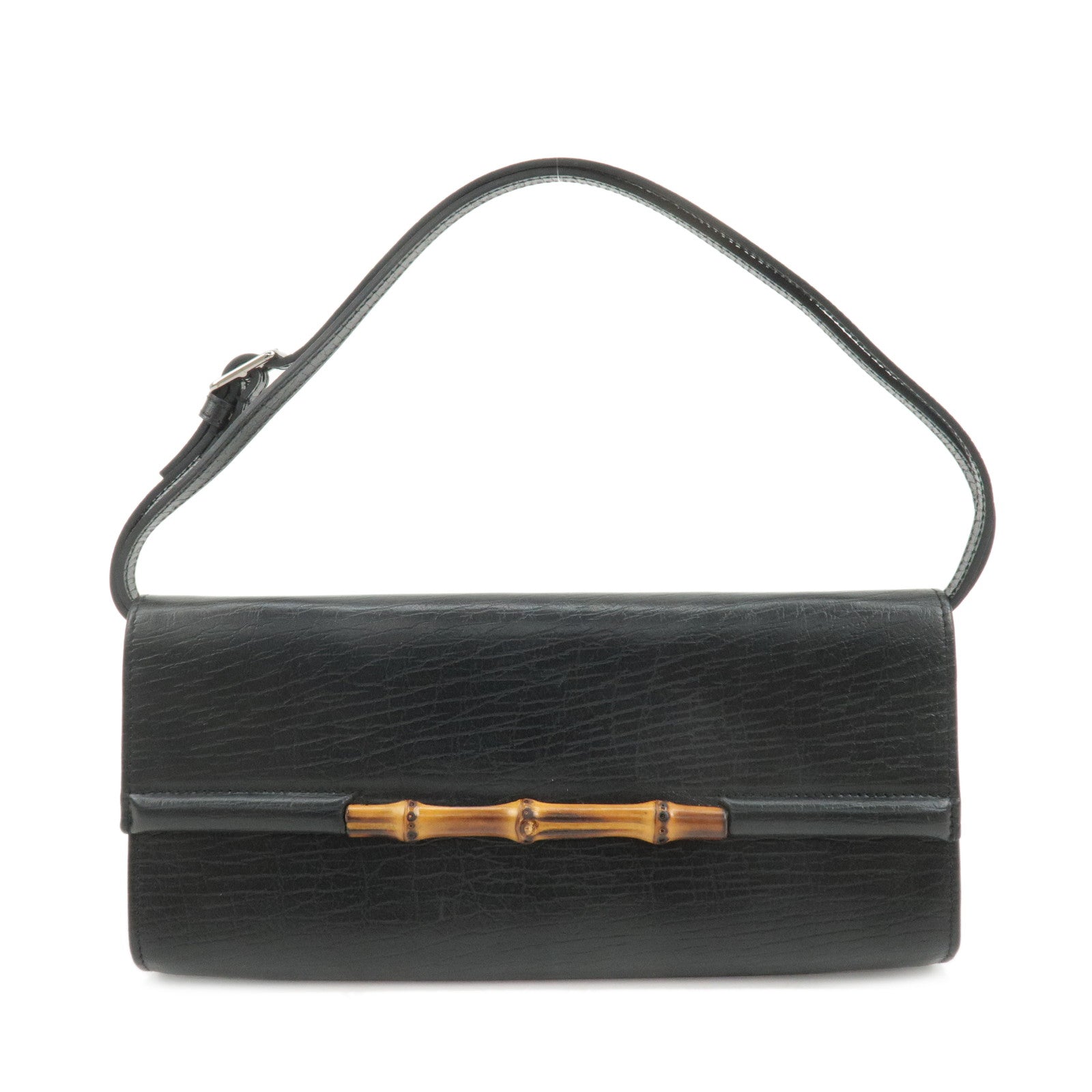 GUCCI-Bamboo-Leather-Shoulder-Bag-Hand-Bag-Black-117594