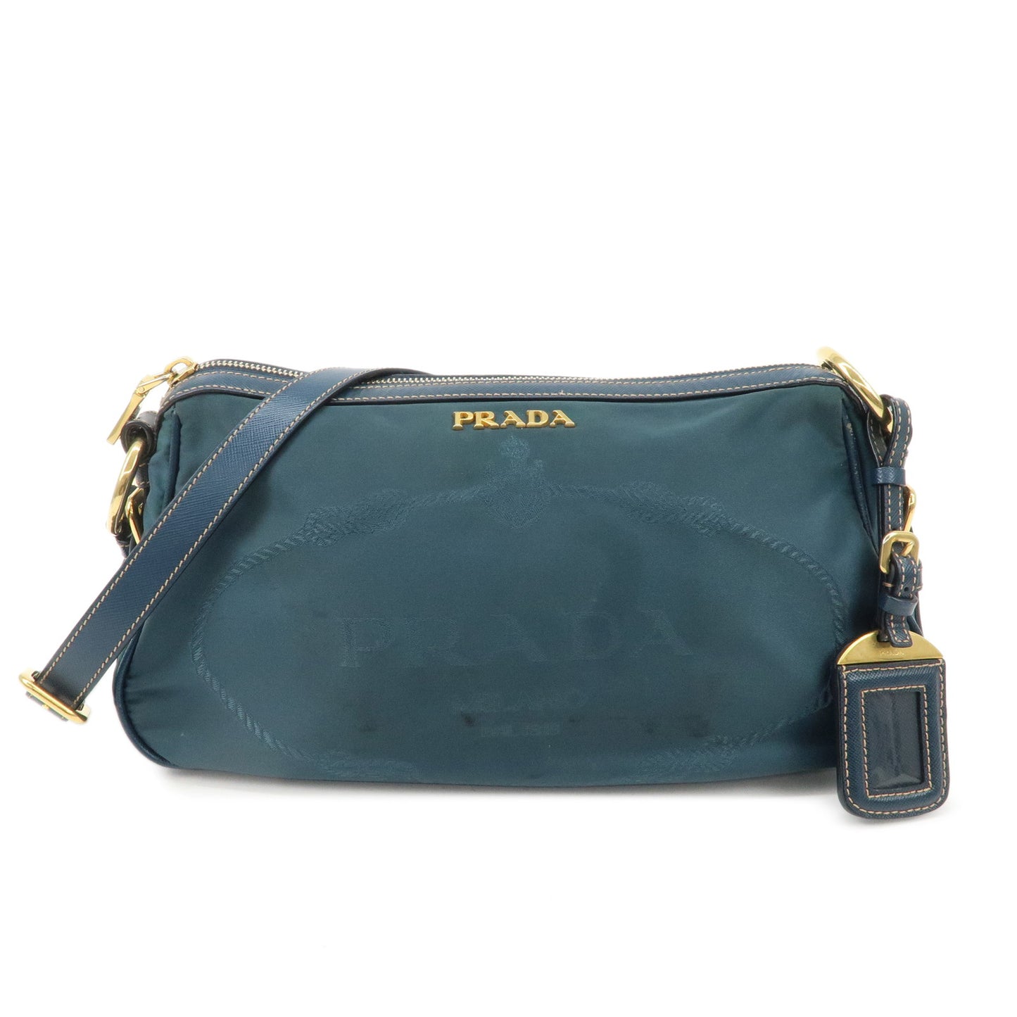 PRADA-Nylon-Leather-Shoulder-Bag-Hand-Bag-Navy-Gold-HDW