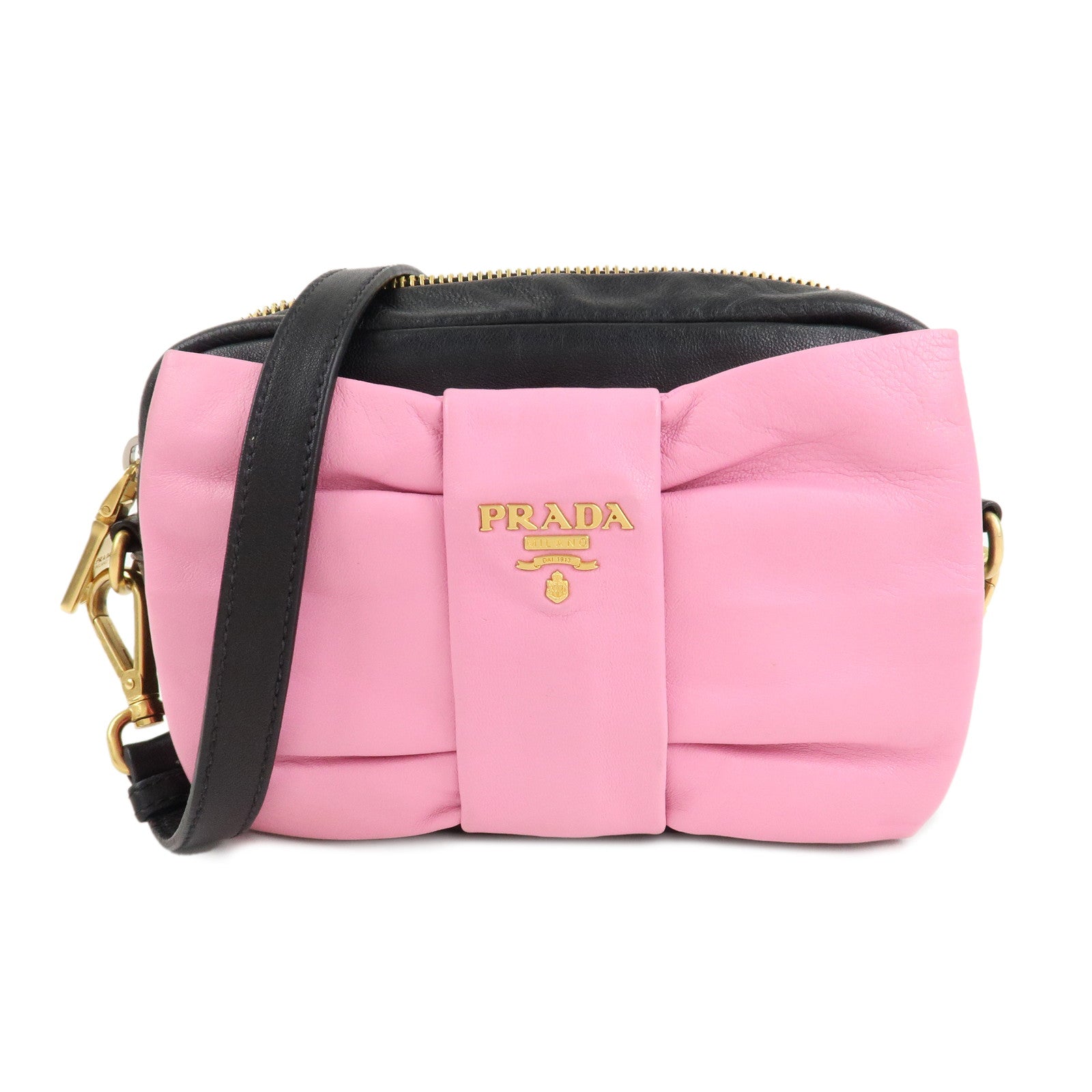 PRADA-Logo-Leather-Ribbon-Shoulder-Bag-Pink-Black-BP0166