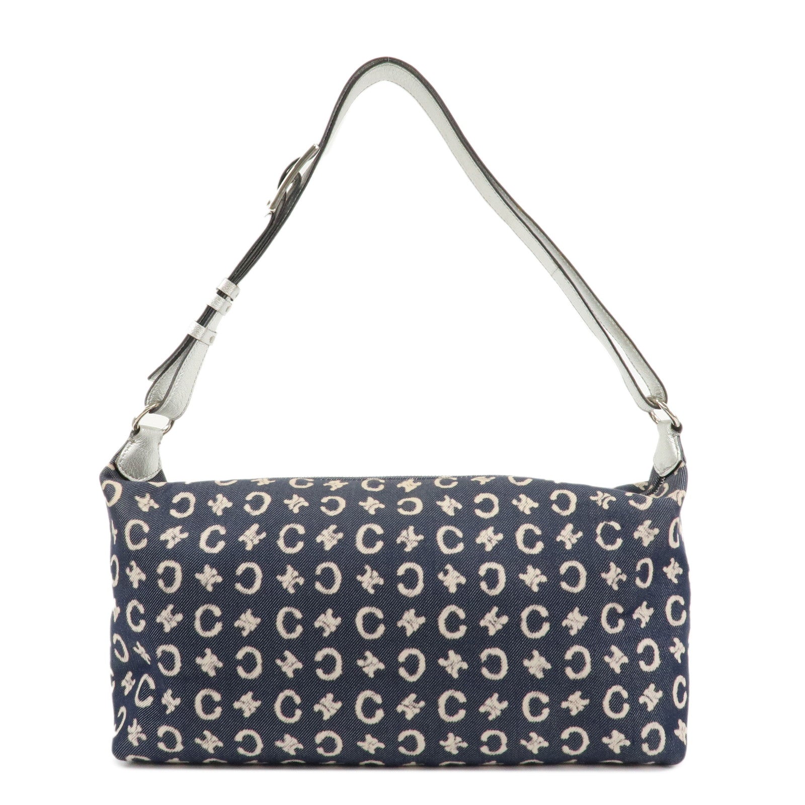 CELINE-C-Macadam-Canvas-Leather-Shoulder-Bag-Navy-Silver