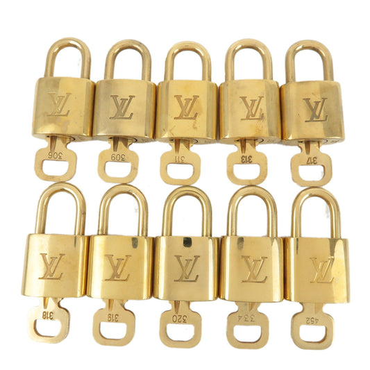 Louis-Vuitton-Set-of-10-Lock-&-Key-Cadena-Key-Lock-Gold