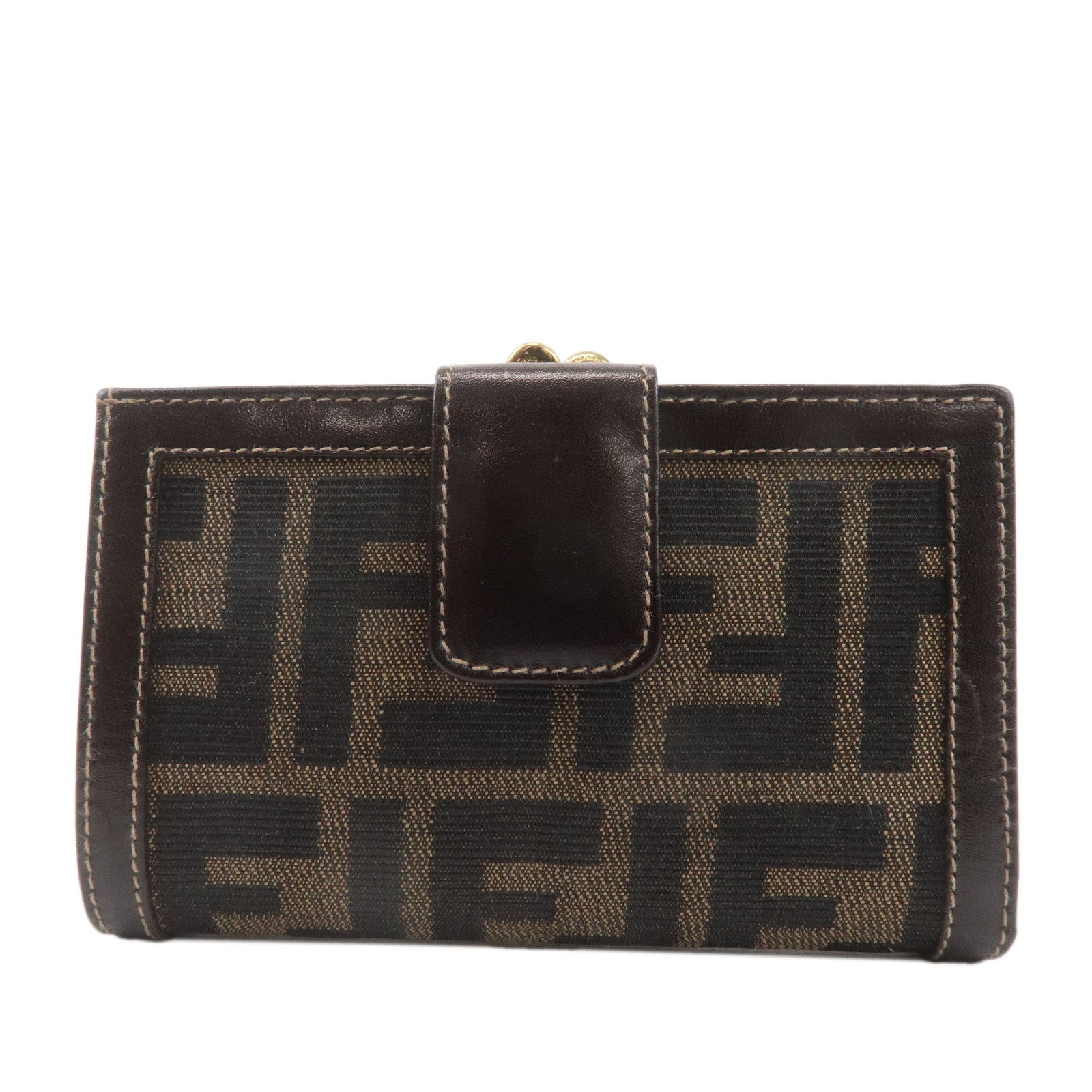 FENDI-Zucca-Canvas-Leather-Kiss-Lock-Bi-fold-Wallet-Brown-1692