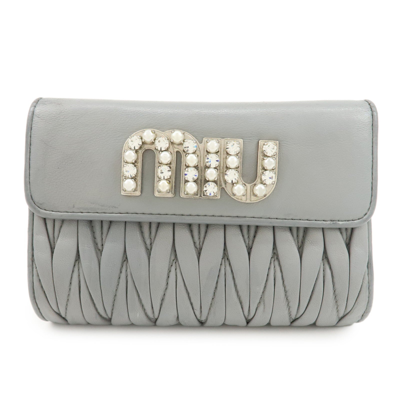 MIU-MIU-Matelasse-Leather-Bijoux-Studs-Tri-fold-Wallet-Gray