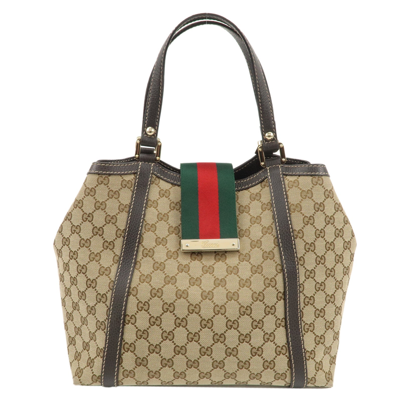 GUCCI-Sherry-Line-GG-Canvas-Leather-Hand-Bag-Beige-Brown-364835