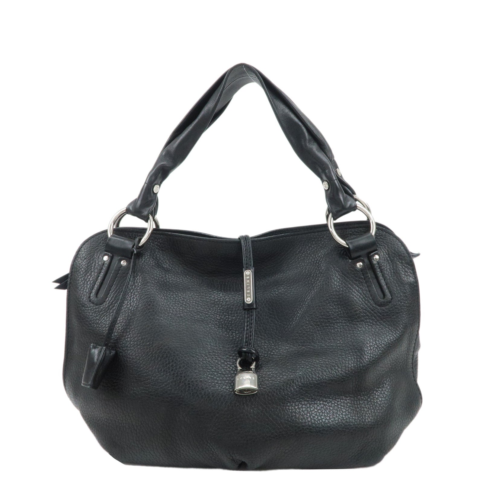 CELINE-Leather-Shoulder-Bag-Hand-Bag-Silver-Hardware-Black