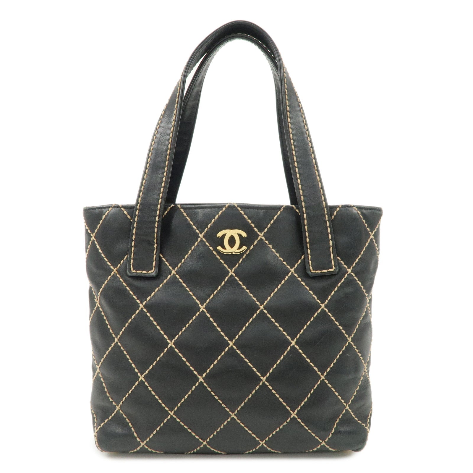 CHANEL-Wild-Stitch-Lamb-Skin-Tote-Bag-Hand-Bag-Black-A18126