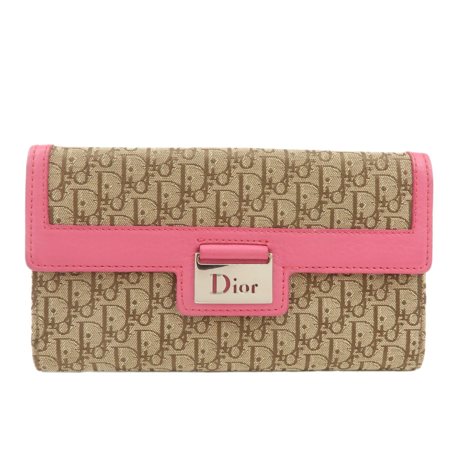 Christian-Dior-Trotter-Canvas-Leather-Bi-fold-Long-Wallet-Pink