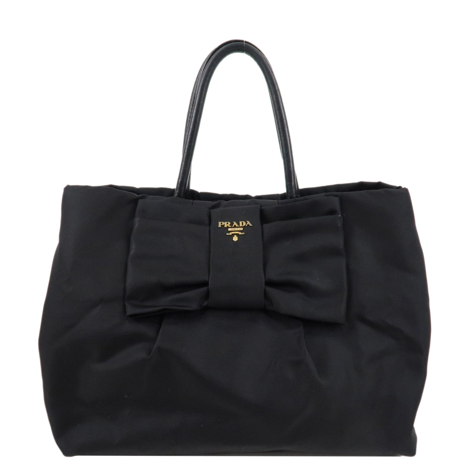 PRADA-Nylon-Leather-Ribbon-Hand-Bag-Tote-Bag-Black-Nero-Gold-HDW