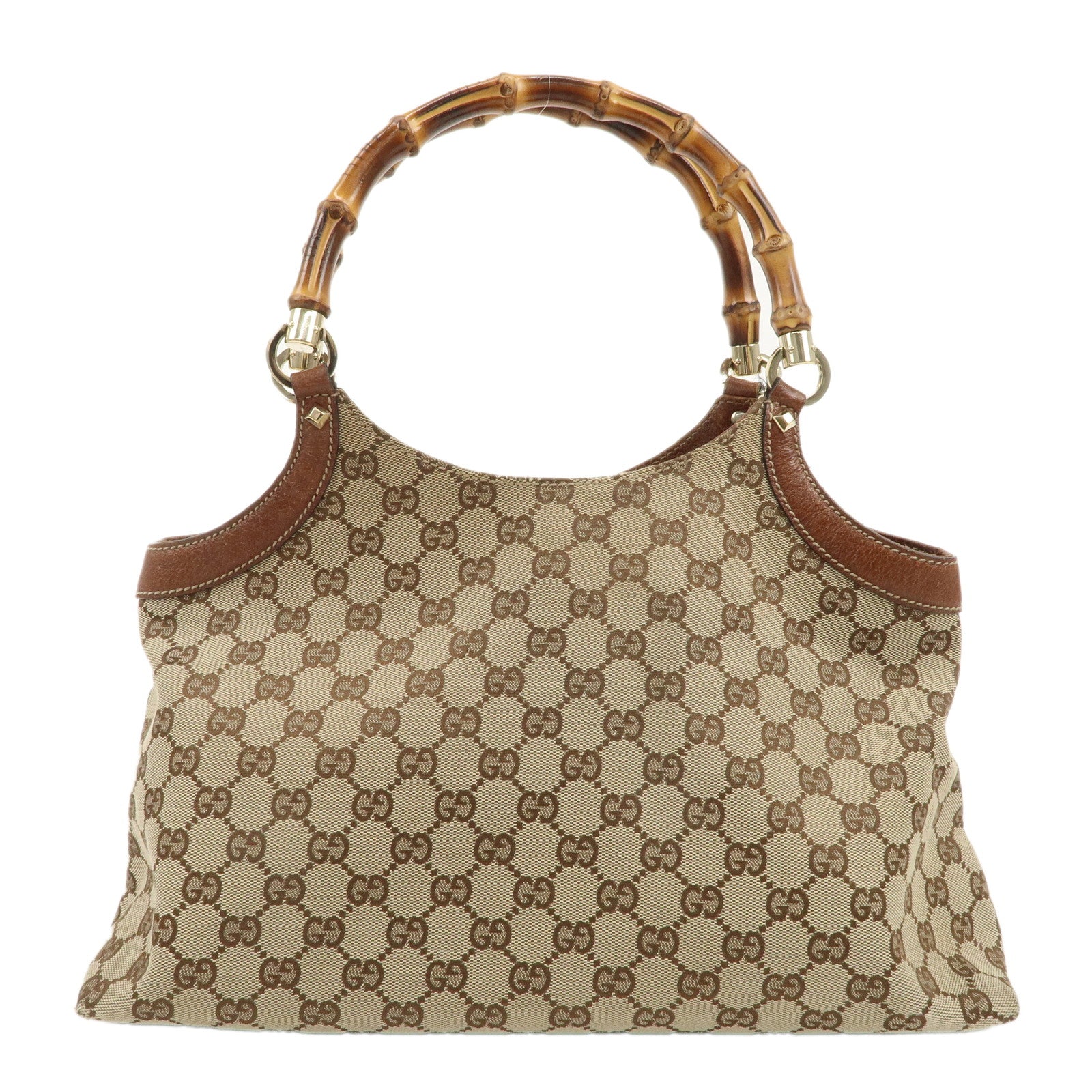 GUCCI-Bamboo-GG-Canvas-Leather-Shoulder-Bag-Beige-Brown-137395