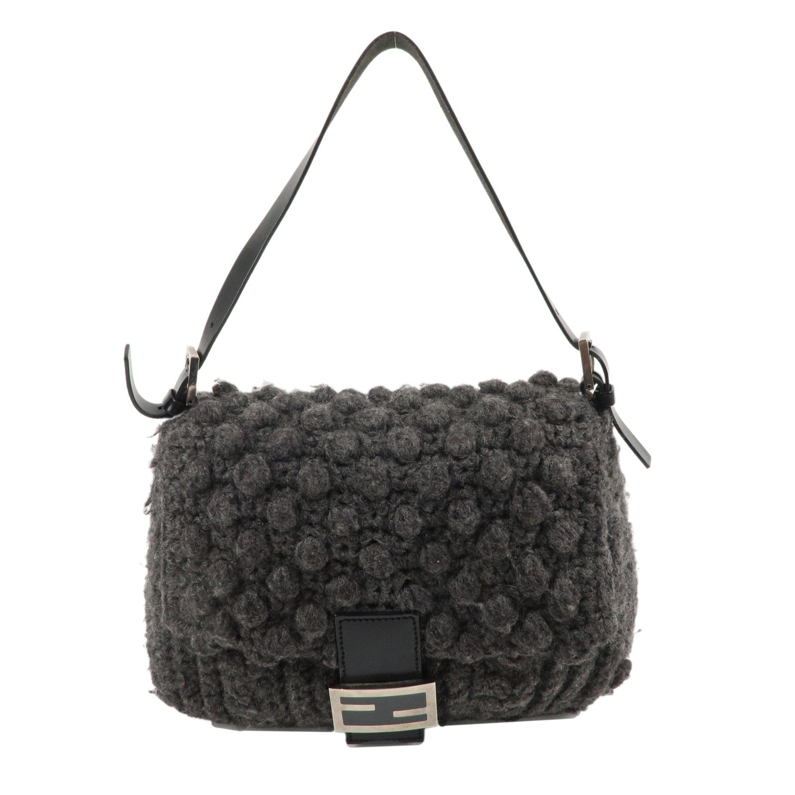 FENDI-Wool-Leather-Mamma-Baguette-Shoulder-Bag-Gray