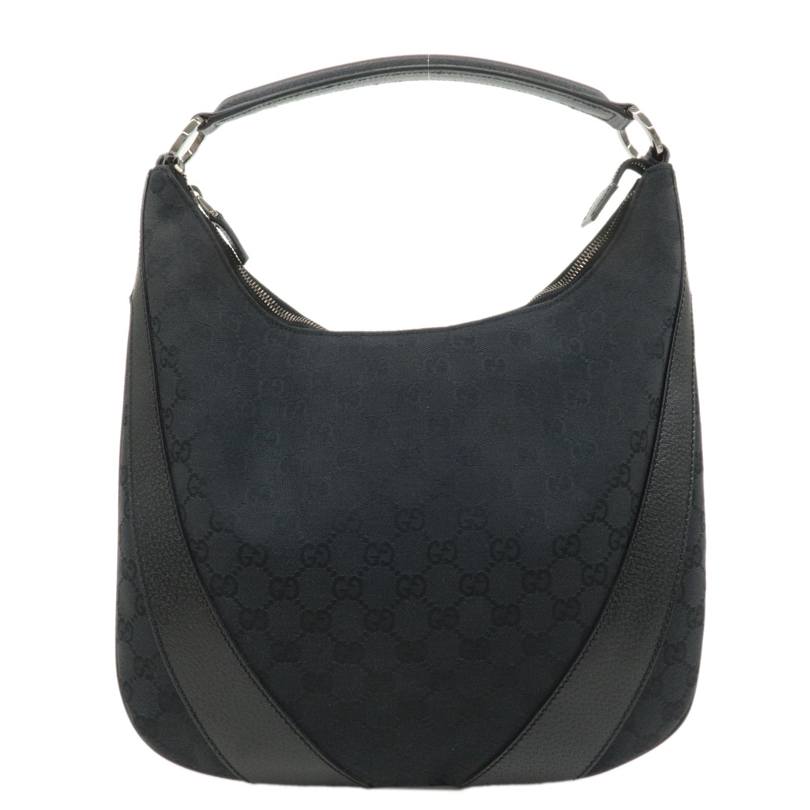 GUCCI-GG-Canvas-Leather-Shoulder-Bag-Black-Silver-HDW-124357