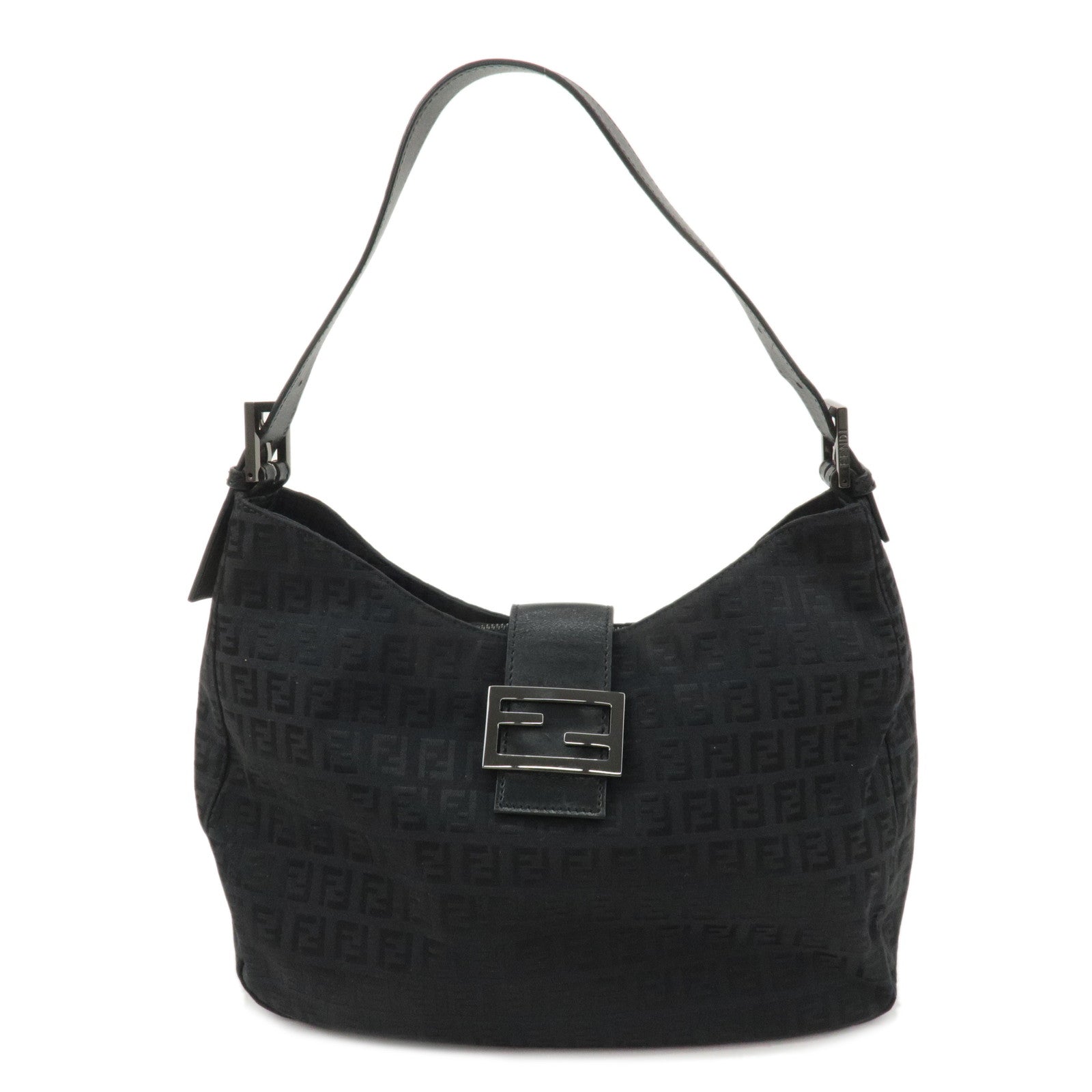 FENDI Zucchino Canvas Leather Shoulder Bag Black 8BR037