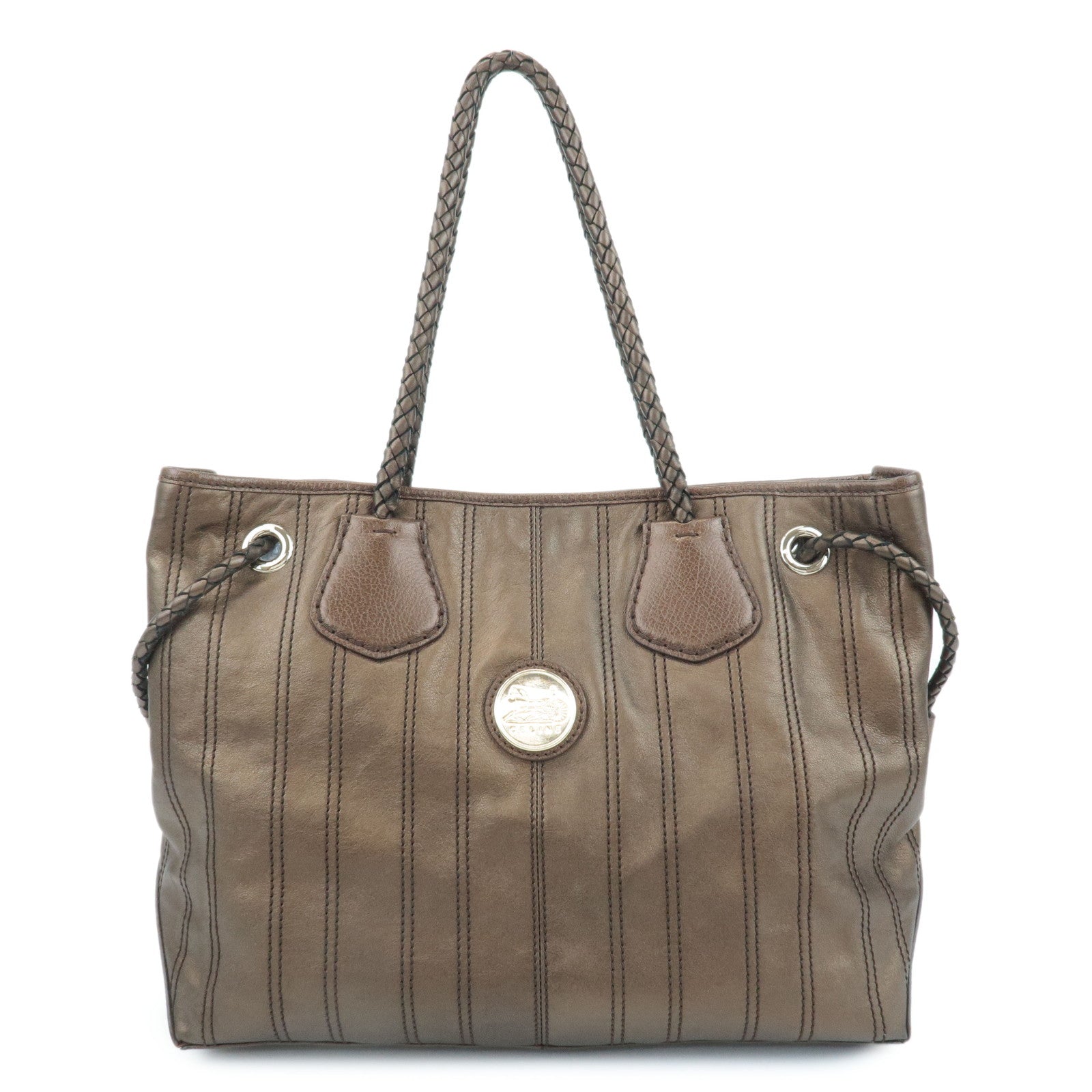 CELINE Logo Plate Leather Shoulder Bag Tote Bag Metallic Brown Used