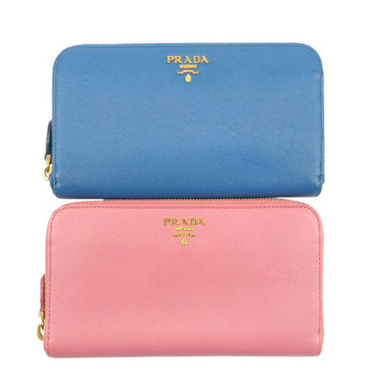 PRADA-Set-of-2-Saffiano-Leather-Round-Zipper-Long-Wallet-Pink-Blue
