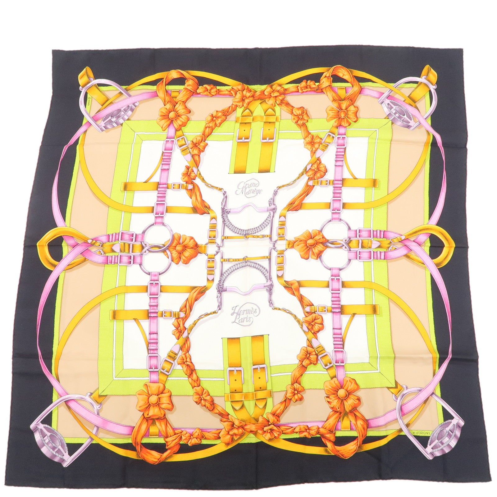 HERMES-Carre-90-Silk-100%-Scarf-Crano-Manege-Black-White-Orange