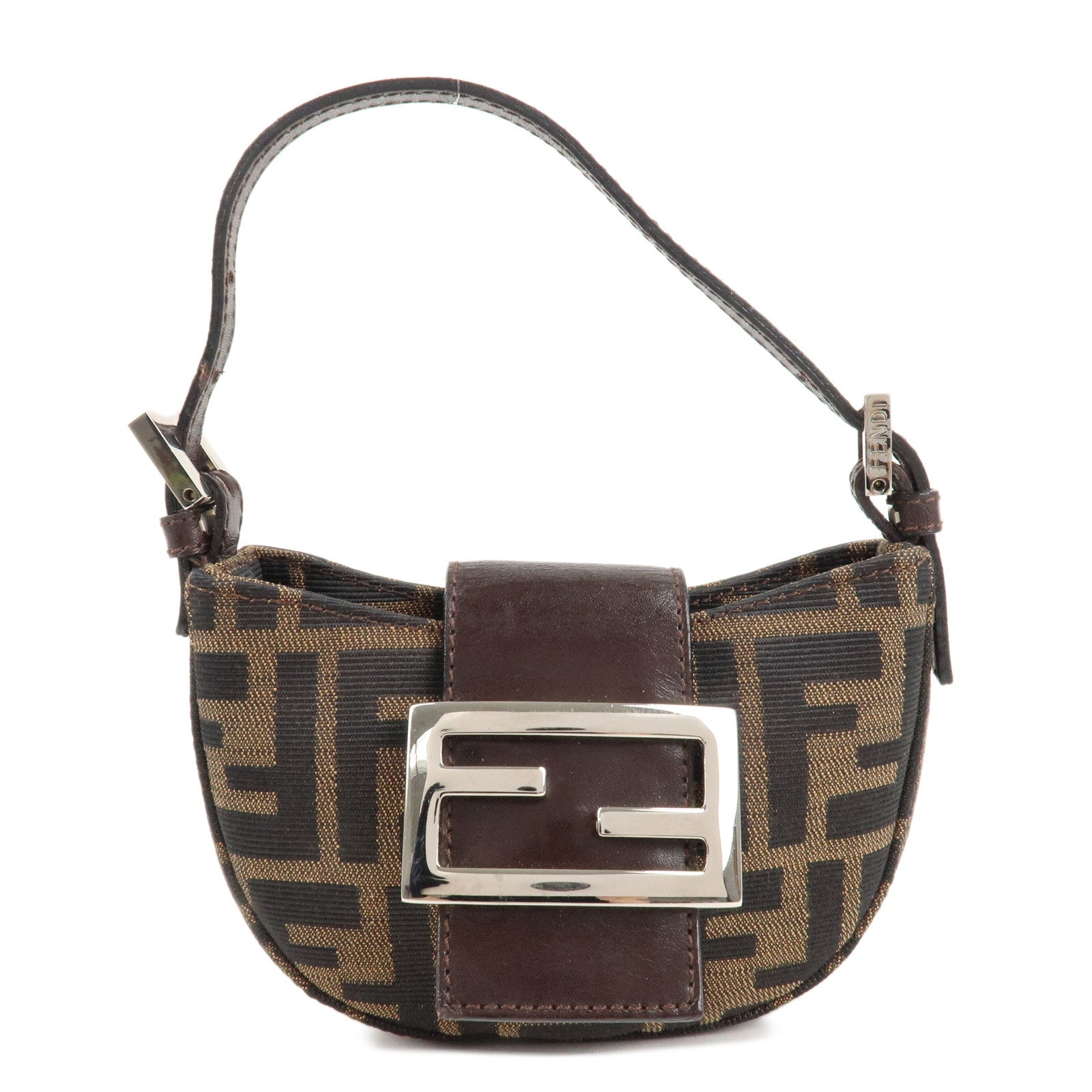 FENDI-Zucca-Canvas-Leather-Mini-Croissant-HandBag-Brown-Black