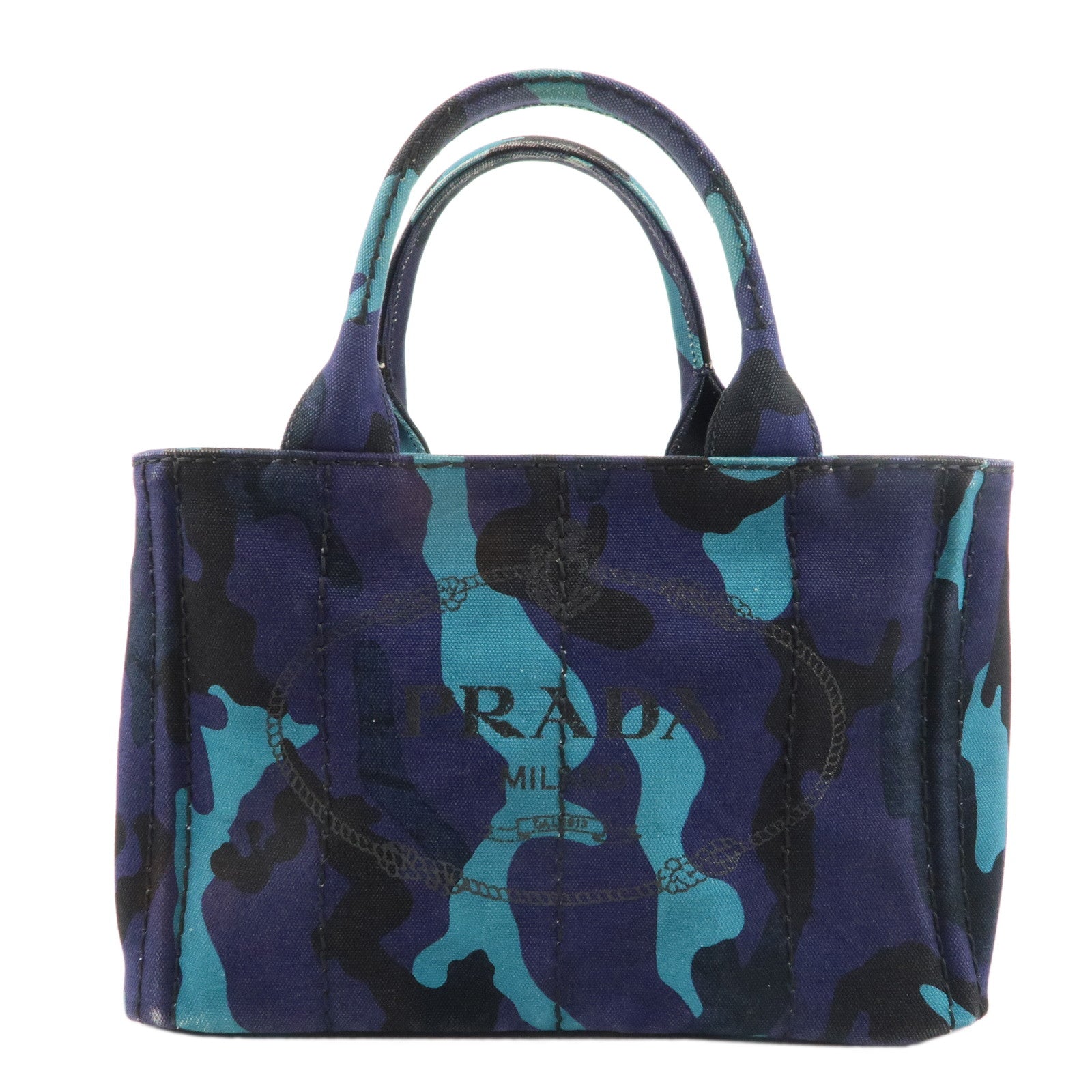 PRADA-Logo-Canapa-Canvas-Tote-Bag-Hand-Bag-Camouflage-Blue-B2642B