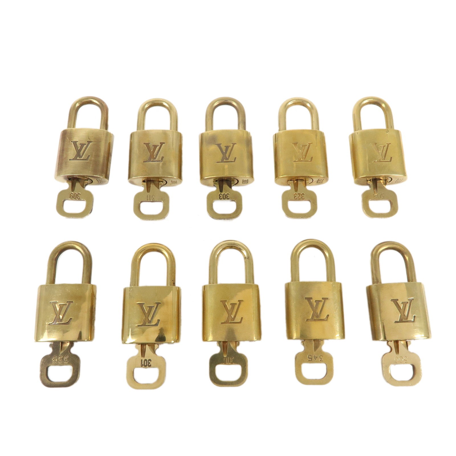 Louis-Vuitton-Set-of-10-Lock-&-Key-Cadena-Key-Lock-Gold