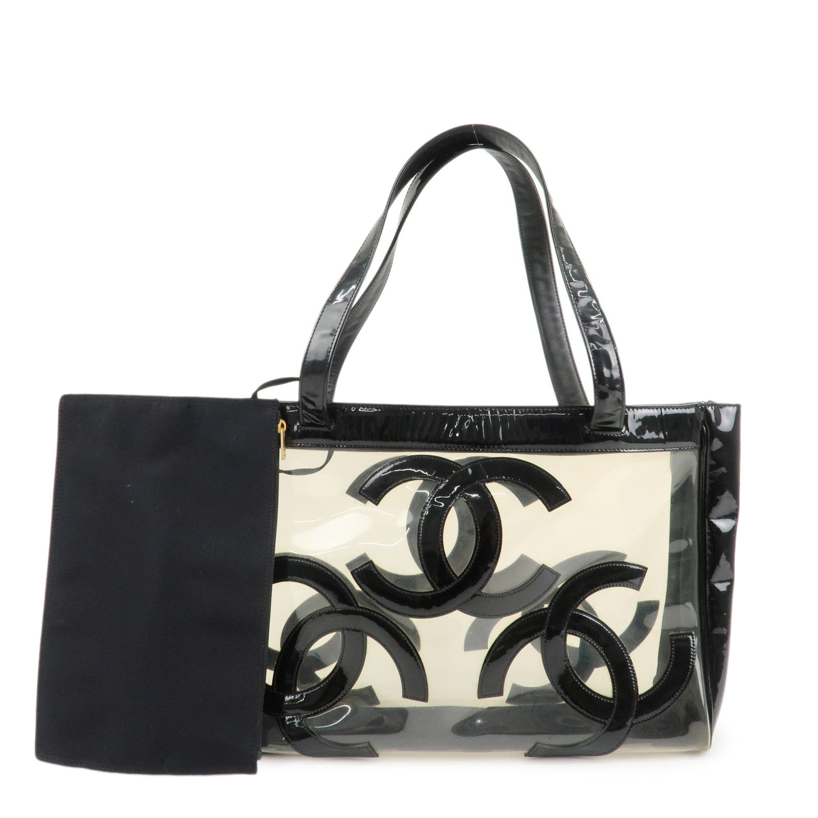 CHANEL-PVC-Patent-Leather-Vinyl-Triple-COCO-Mark-Tote-Bag-Black