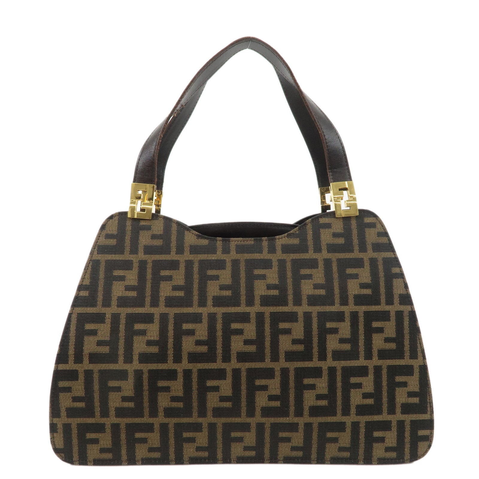 FENDI-Zucca-Canvas-Leather-Tote-Bag-Brown-Black-Gold-Hardware