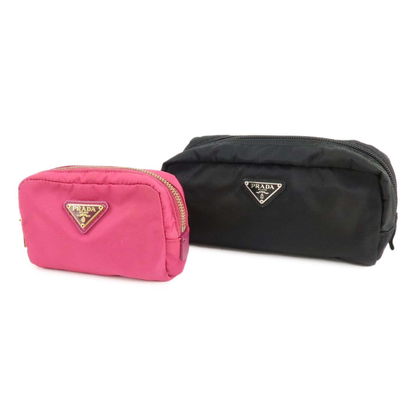 Set-of-2-PRADA-Logo-Nylon-Leather-Cosmetic-Pouch-Pink-Black