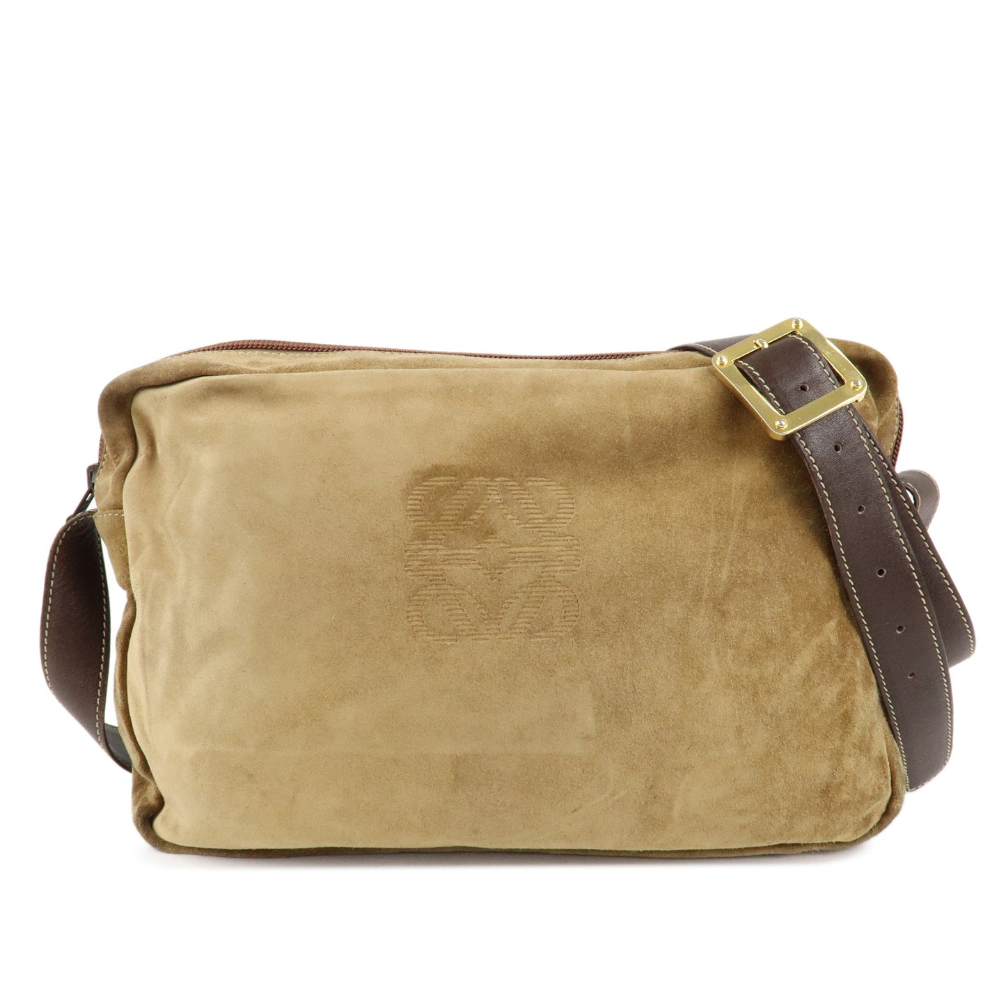 LOEWE-Anagram-Suede-Leather-Shoulder-Bag-Brown-Gold-Hardware