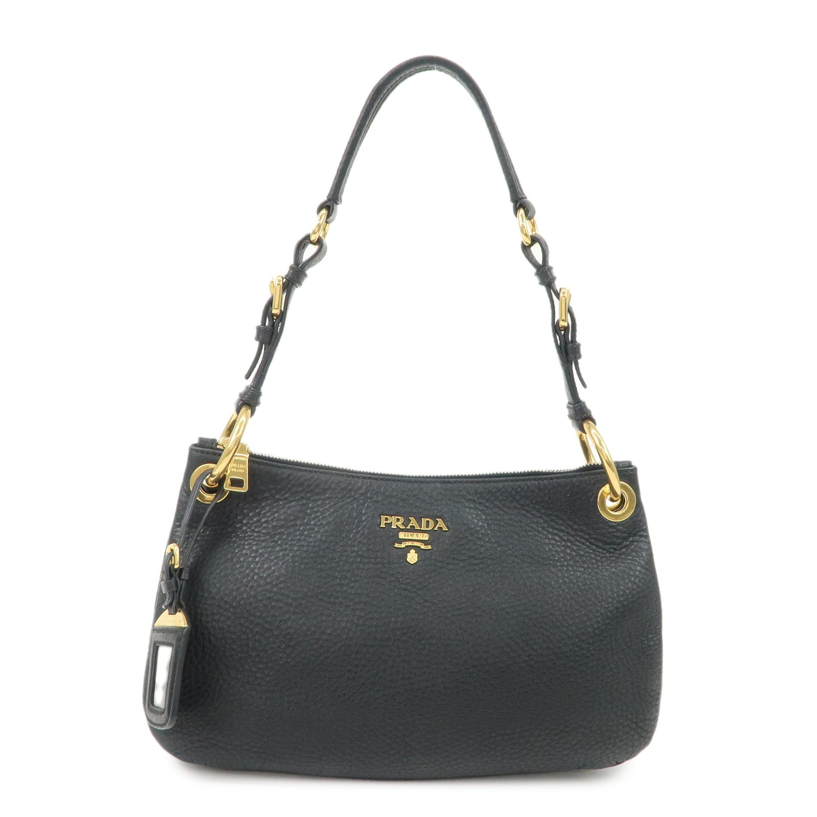 PRADA-Logo-Leather-One-Shoulder-Bag-Hand-Bag-Black-Gold-Hardware