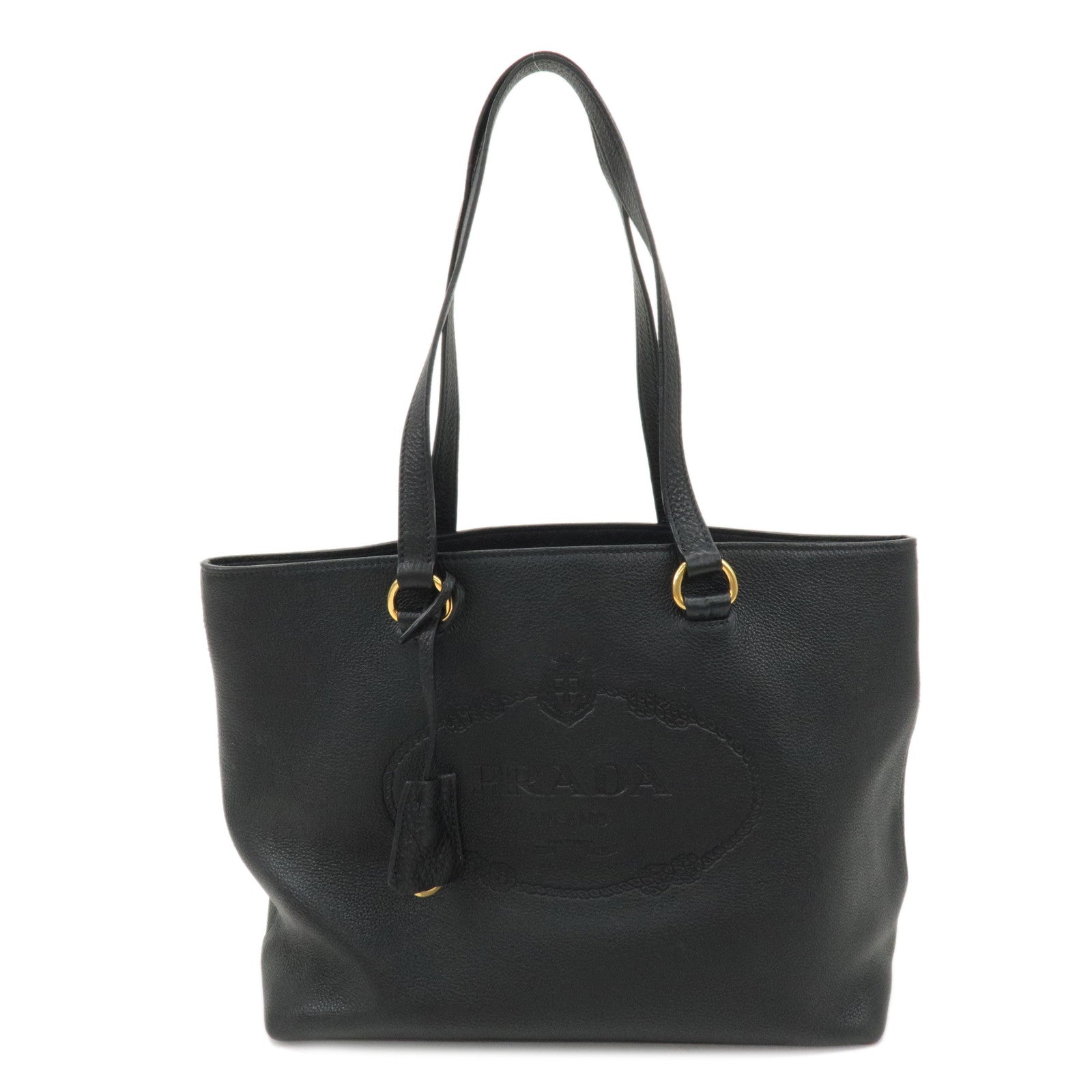 PRADA Logo Leather Tote Bag Shoulder Bag NERO Black 1BG100