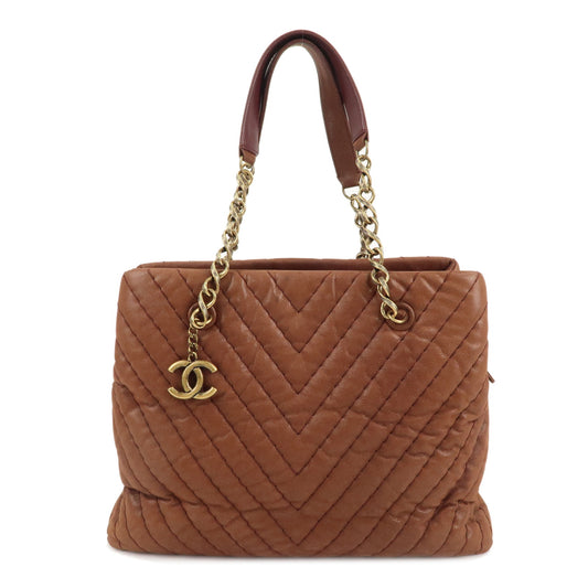 CHANEL-V-stitch-Leather-Chain-Shoulder-Tote-Bag-Metalic-Brown