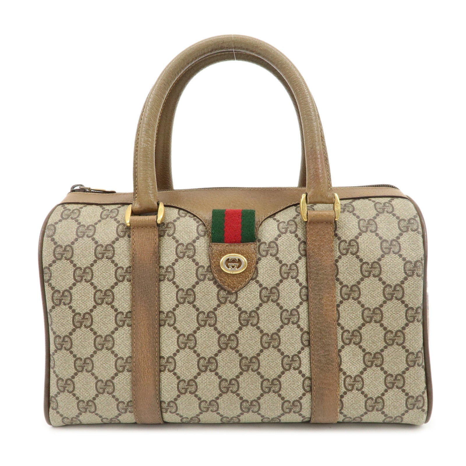 GUCCI-Old-Gucci-Sherry-GG-Plus-Leather-Boston-Bag-Beige-Brown