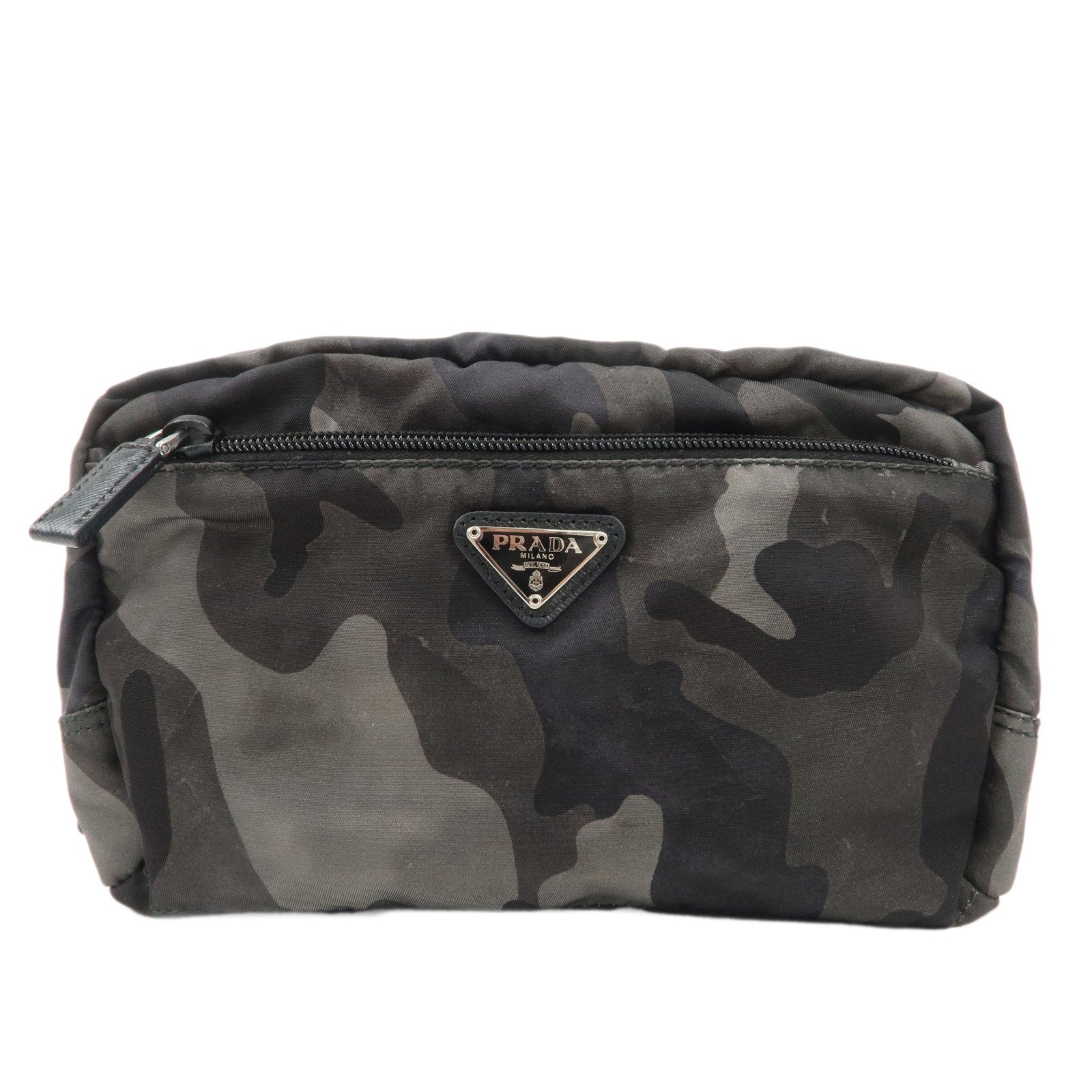 PRADA-Logo-Nylon-Leather-Pouch-Camouflage-Black-Khaki