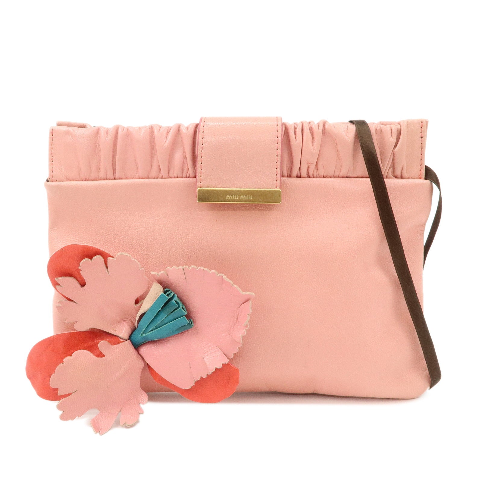 MIU-MIU-Leather-Flower-Motif-Shoulder-Bag-Pink