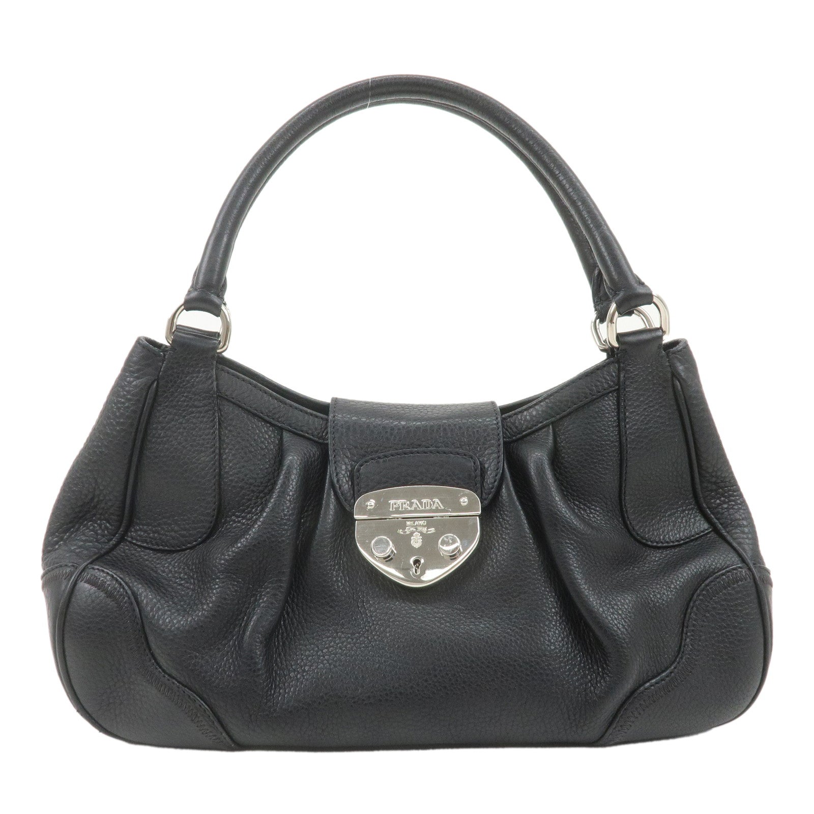 PRADA-Leather-Shoulder-Bag-Black-Silver-Hardware