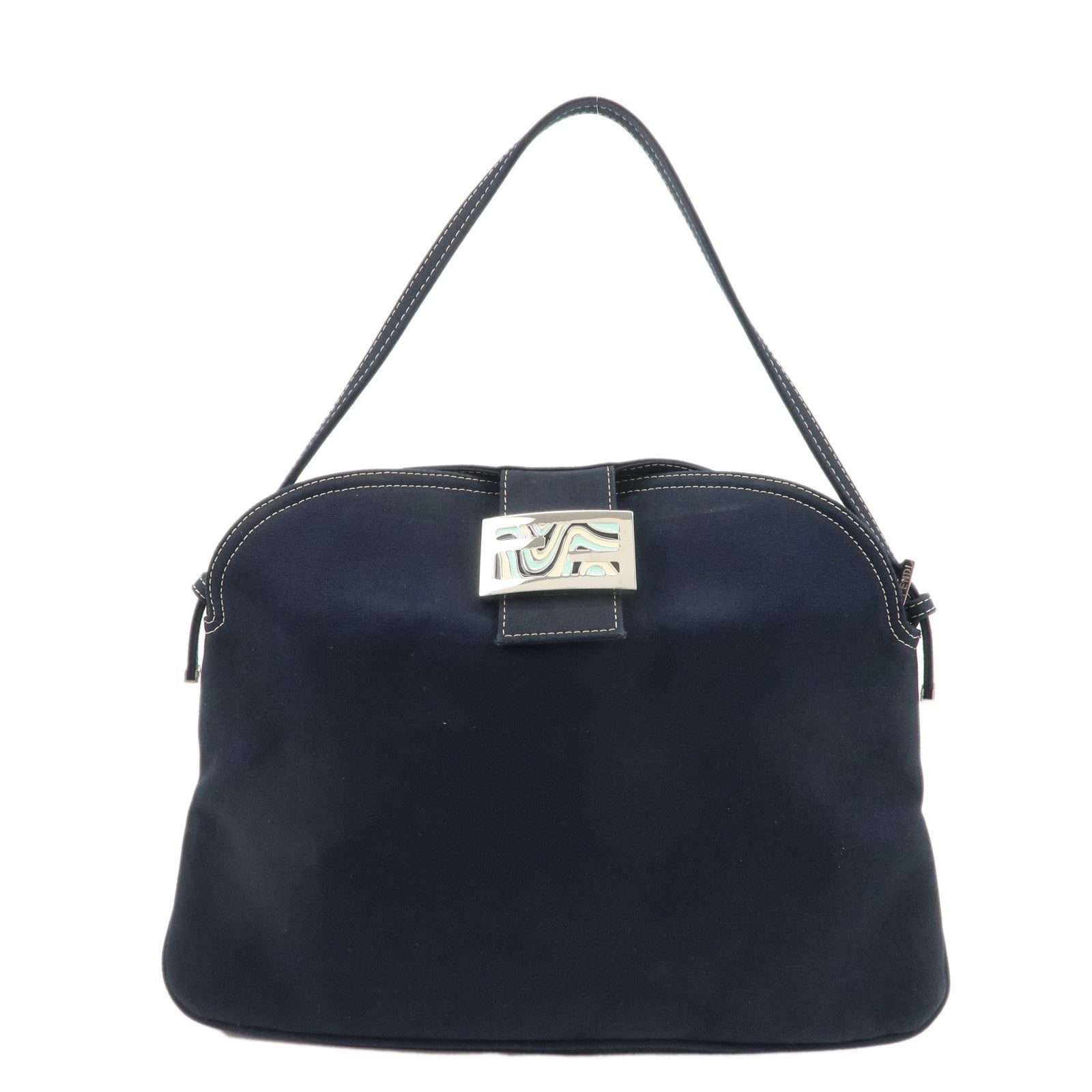 FENDI-Canvas-Shoulder-Bag-Navy-Silver-Hardware-26796