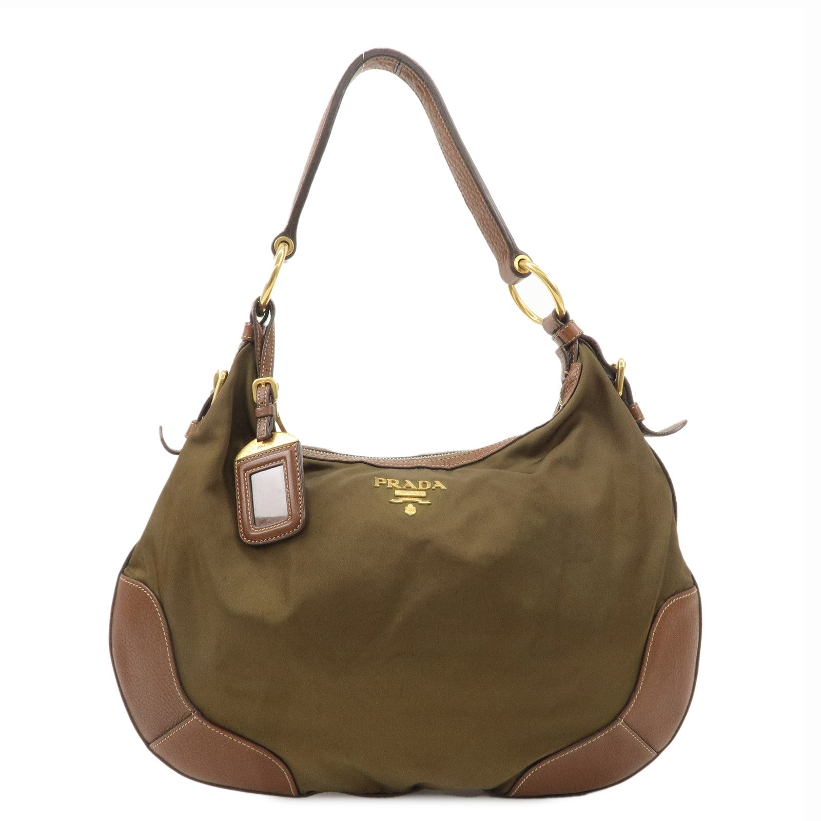 PRADA-Nylon-Leather-Shoulder-Bag-Hand-Bag-Khaki-Brown