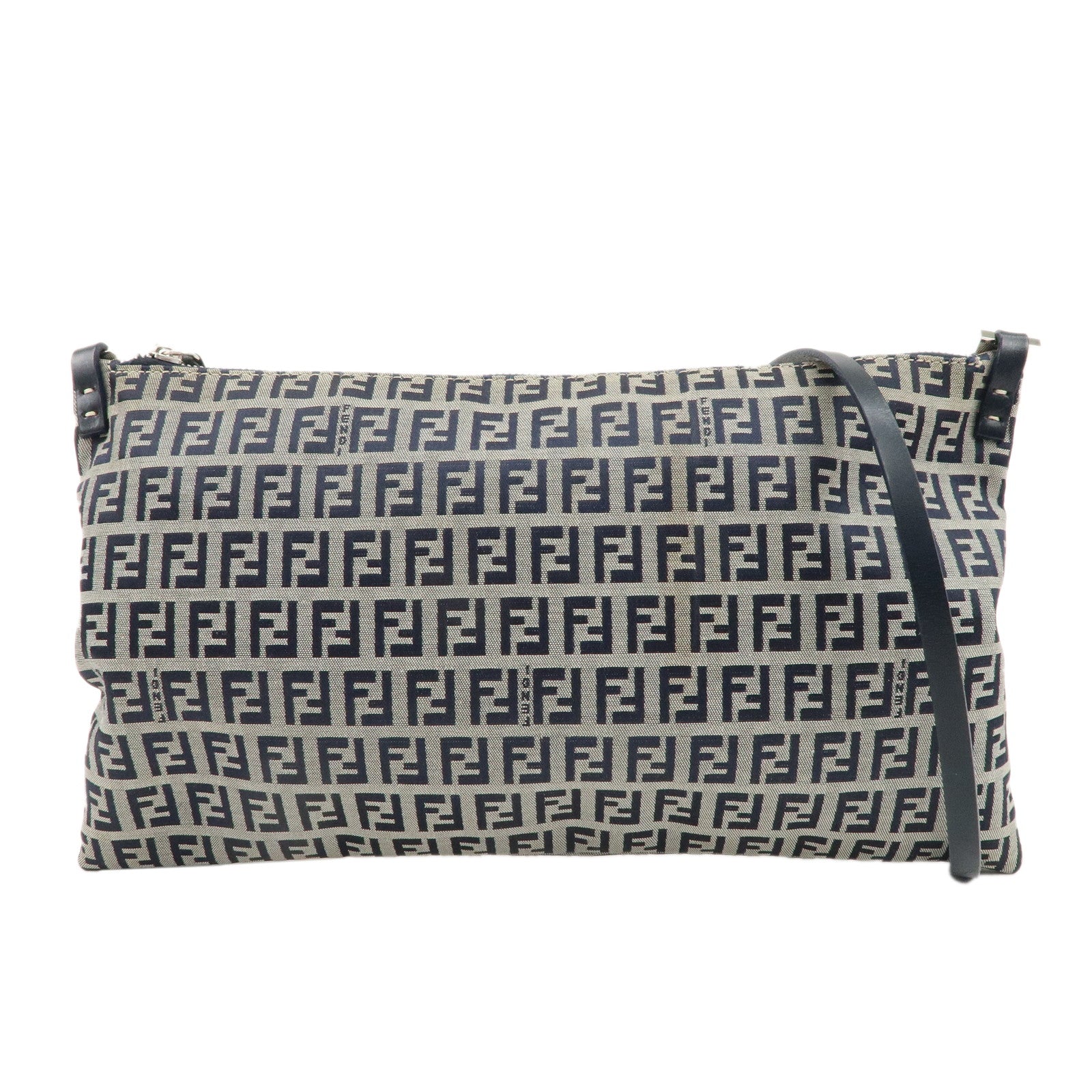 FENDI-Zucchino-Canvas-Leather-Shoulder-Bag-Navy-White-16330