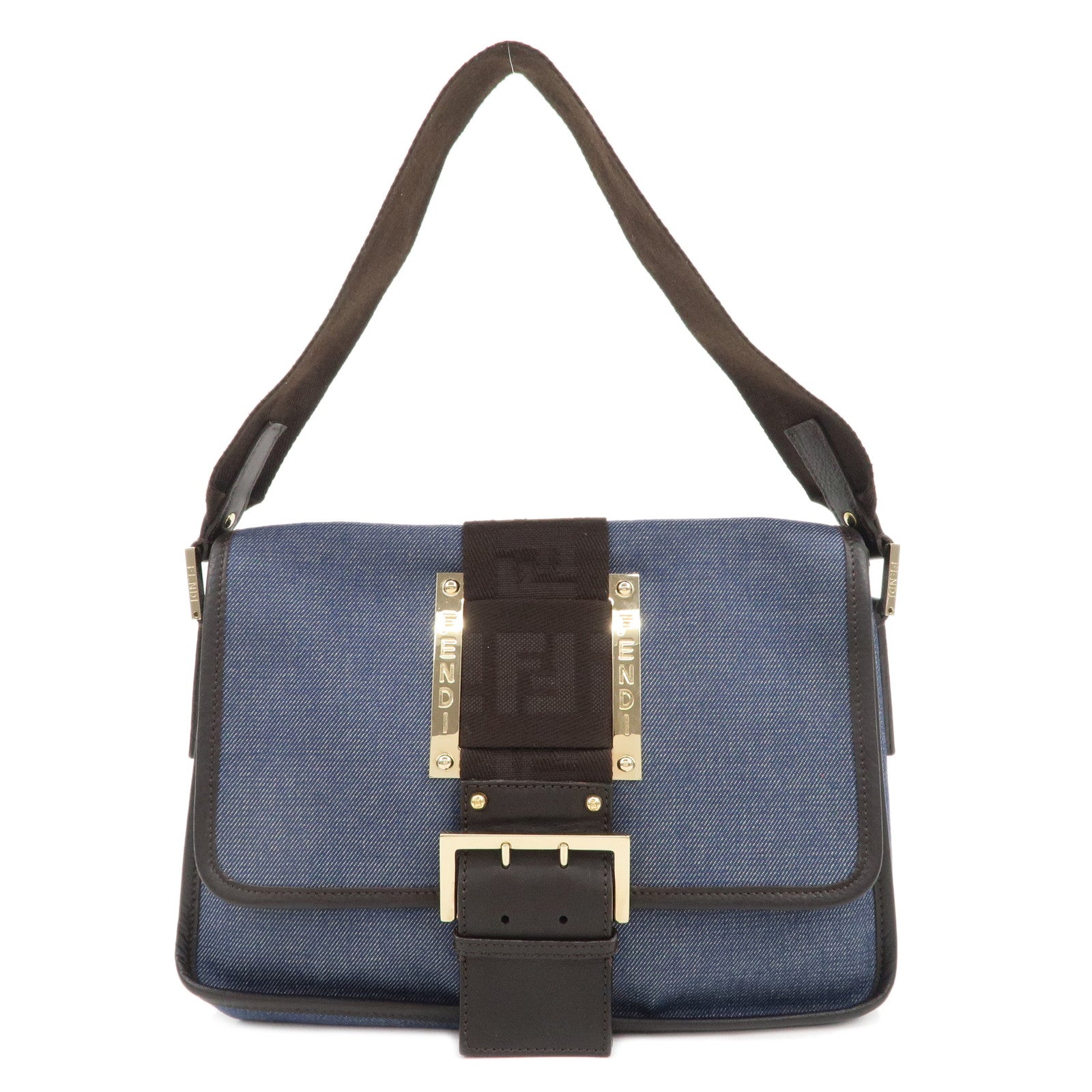 FENDI-Zucca-Denim-Leather-Shoulder-Bag-Hand-Bag-Blue-Brown-8BR495