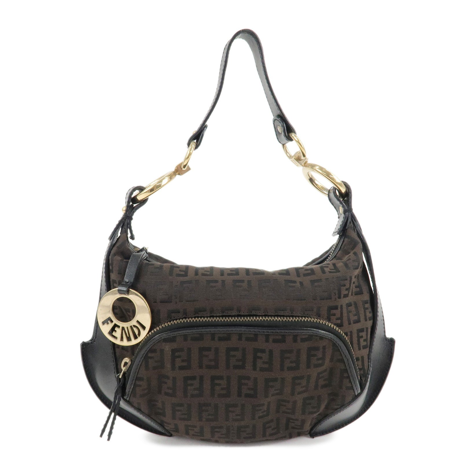 FENDI-Zucchino-Canvas-Leather-Shoulder-Bag-Dark-Brown-Black-8BR466