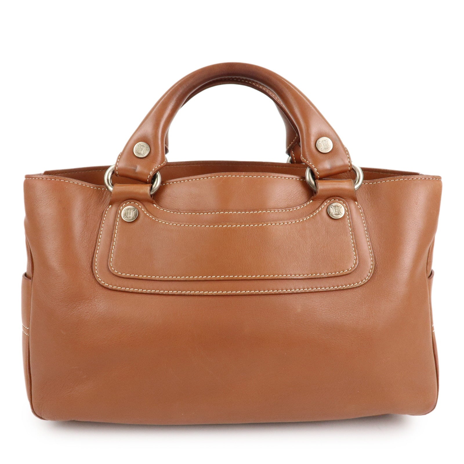 CELINE-Leather-Triomphe-Button-Boogie-Bag-Macadam-Engraved-Brown